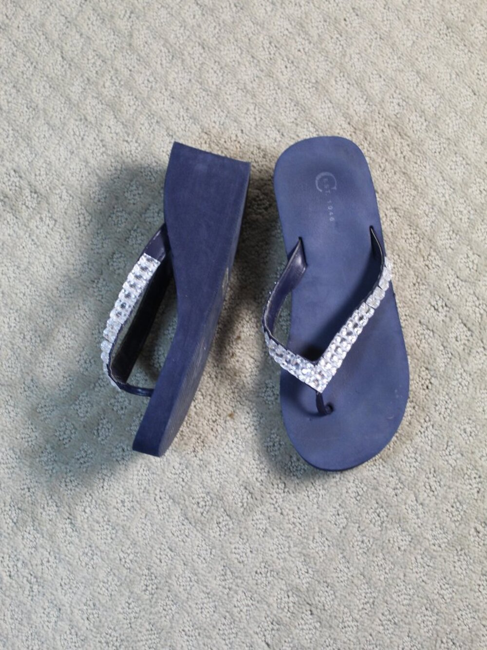 C Est 1946 Size 7 Blue Bling Embellished Wedge Platform Thongs